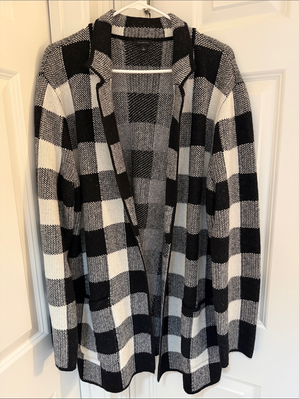 Talbots Black and White Buffalo Check Open Cardigan
